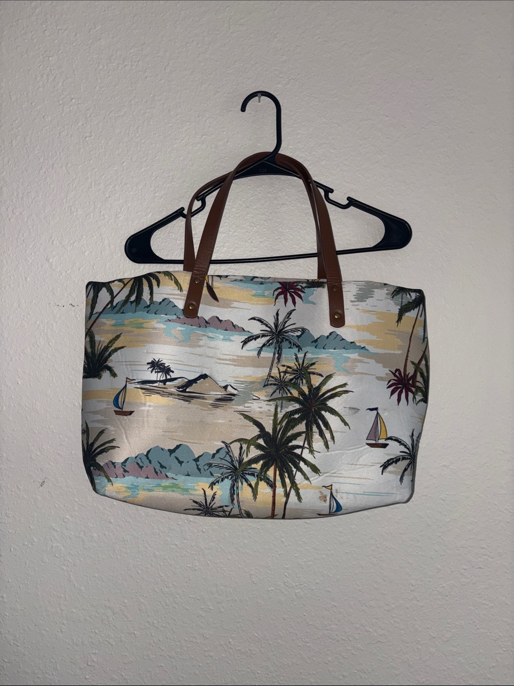Tropical Palm Print Tote Bag with Brown Handles